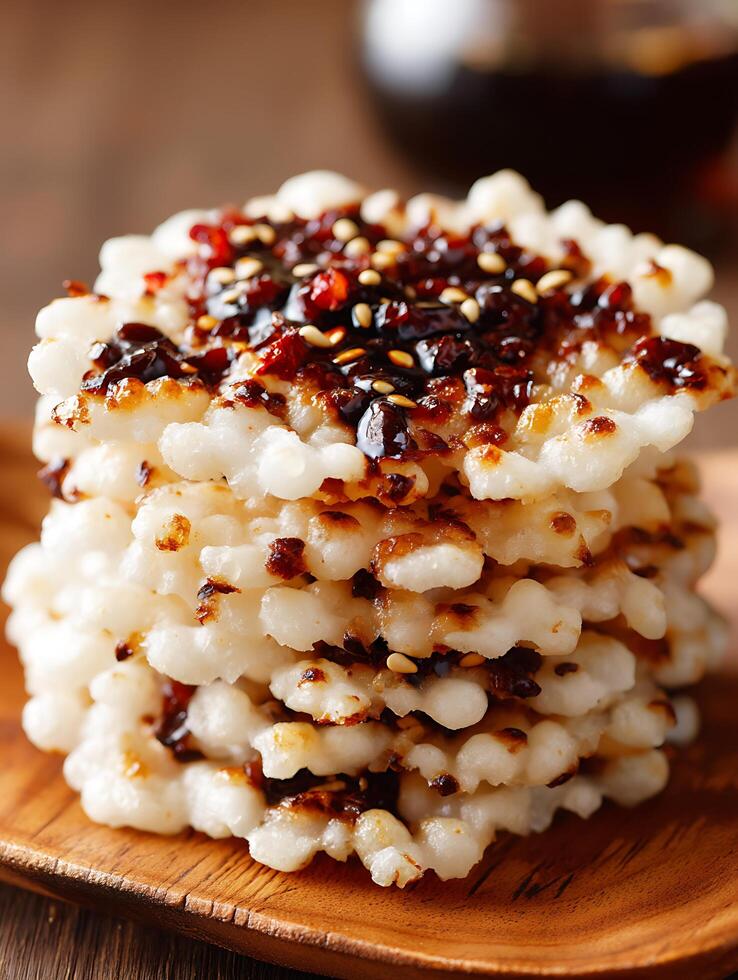 Close up of a Stack of Crispy Rice Cakes Topped with Sweet and Savory Glaze. photo