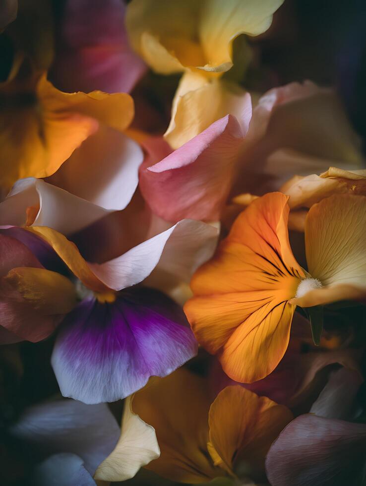 Close Up of Delicate Pansy Petals in Warm Hues. A vibrant and colorful floral composition. photo
