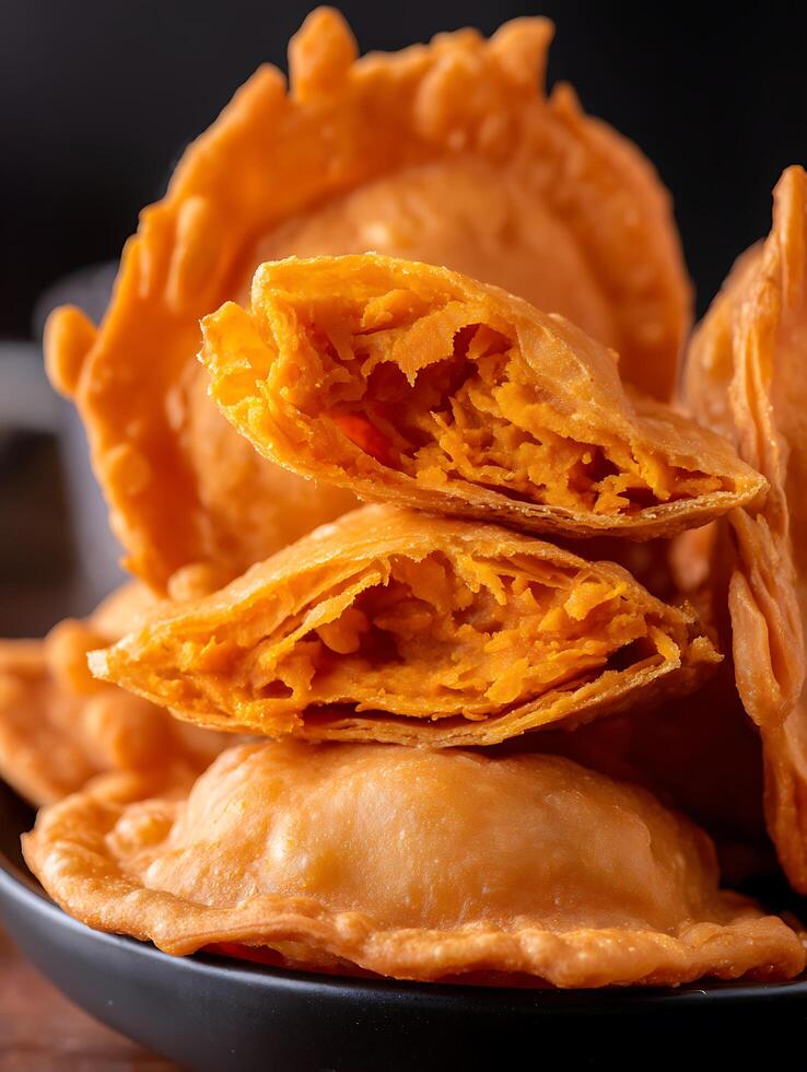 Close Up of Delicious Golden Brown Sweet Potato Empanadas. photo