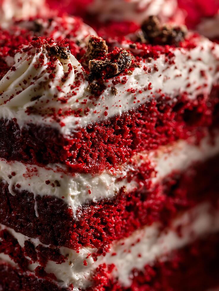 Close Up of Delicious Red Velvet Cake Layers with Cream Cheese Frosting and Chocolate Crumble. photo