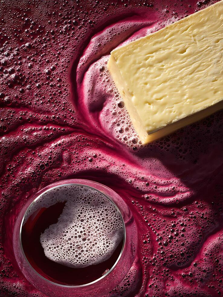 Abstract image of a bar of soap resting in red liquid with bubbles. photo