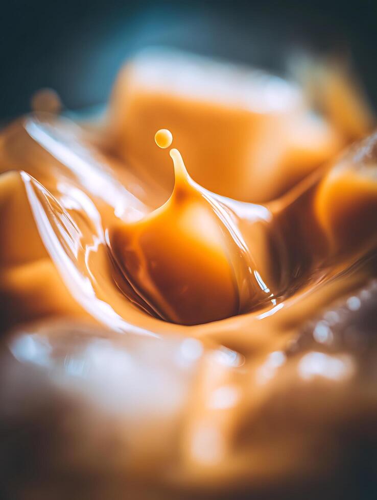 Close up of Caramel Splash Abstract Texture and Delicious Detail. photo