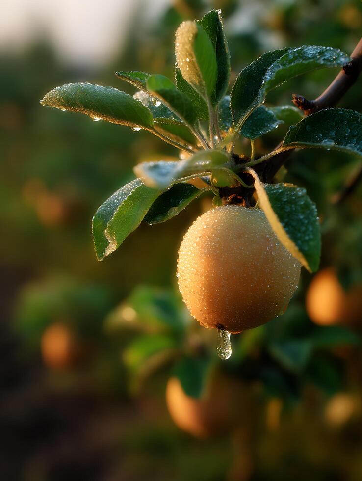Dew-Covered Apple Hanging from a Branch at Sunrise. A close up photograph of a ripe apple with water droplets. photo