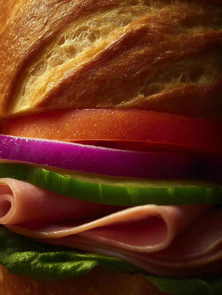 Close Up of a Delicious Ham and Vegetable Sandwich on a Crusty Roll. photo