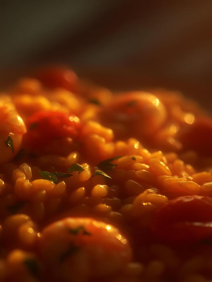 Close up of Delicious Risotto with Tomatoes and Herbs, Illuminated by Golden Light. photo