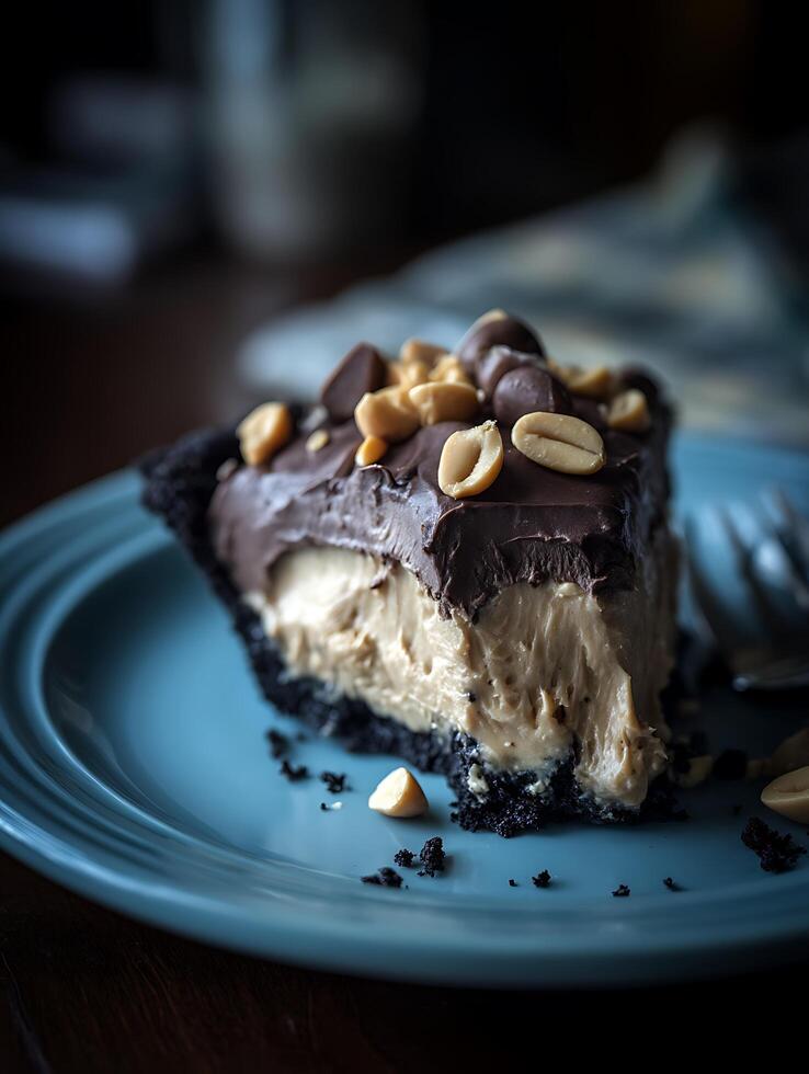 Close Up of a Delicious Slice of Peanut Butter Chocolate Pie on a Teal Plate. photo