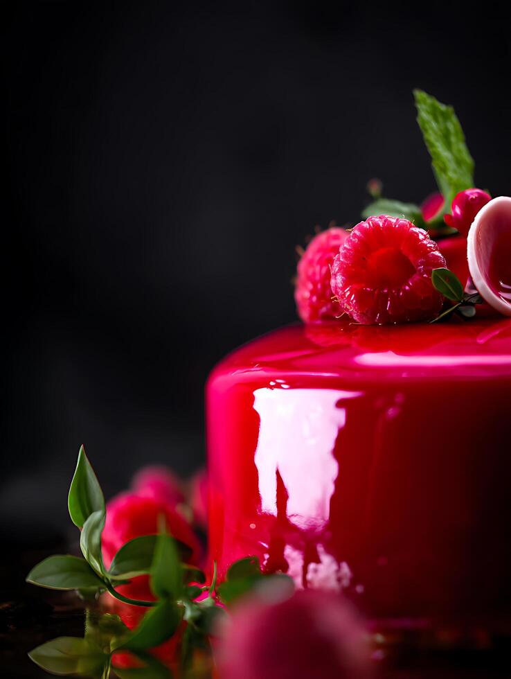 Close up of a glossy raspberry cake decorated with fresh raspberries and mint. photo