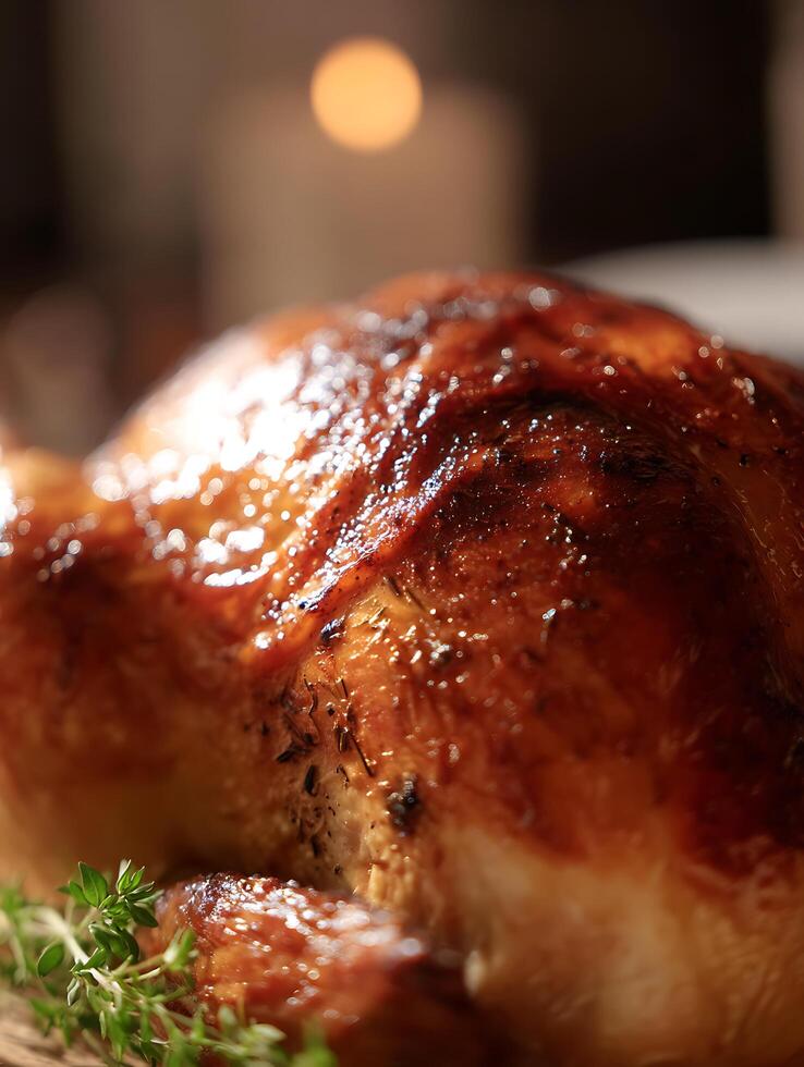 Close up of a Roasted Chicken with Herbs, Glistening under Warm Light. photo