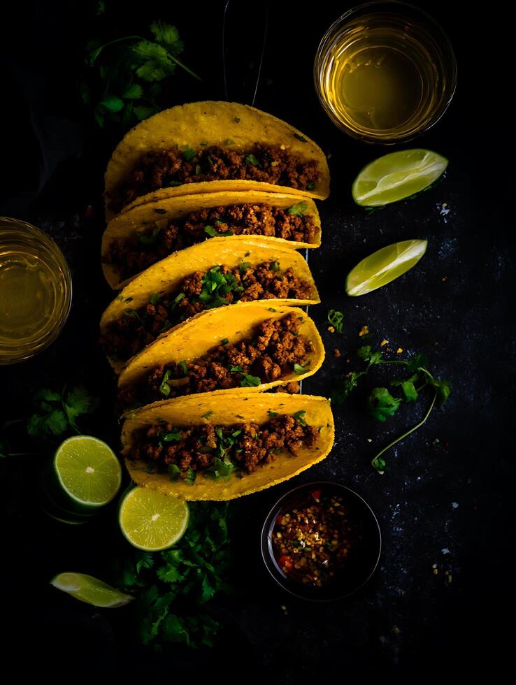 Delicious Ground Beef Tacos with Cilantro and Lime. A tempting overhead shot of several tacos, ready to be enjoyed. photo