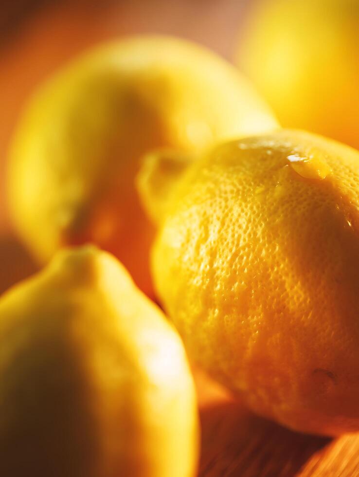 Close Up of Juicy Lemons on Wooden Surface, Vibrant Yellow Citrus Fruits. photo