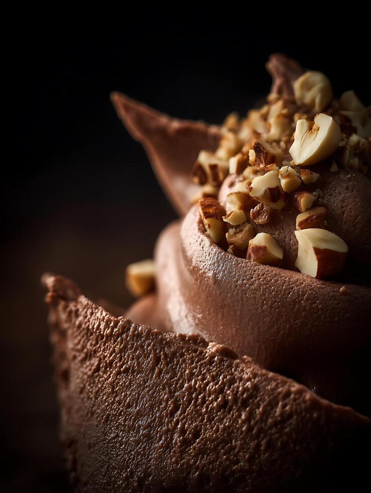 Close Up of Chocolate Ice Cream with Hazelnuts. A delectable image perfect for food blogs, magazines, or dessert menus. photo
