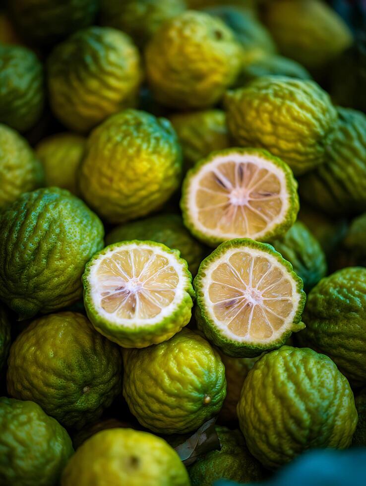 Close Up of Fresh Kaffir Limes, Halved and Whole, Showing Textural Detail. photo