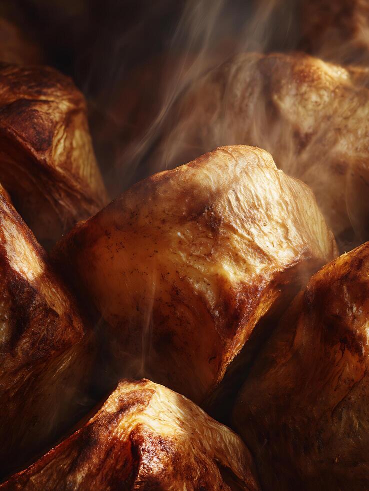 Close Up of Roasted Potatoes with Steam Rising. A detailed image showcasing the texture and warm tones of perfectly roasted potatoes. photo