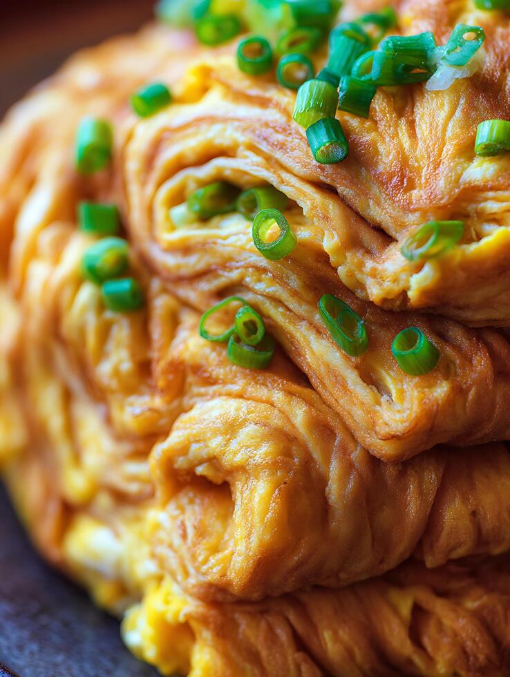 Close up of Delicious Rolled Omelet Garnished with Green Onions. photo