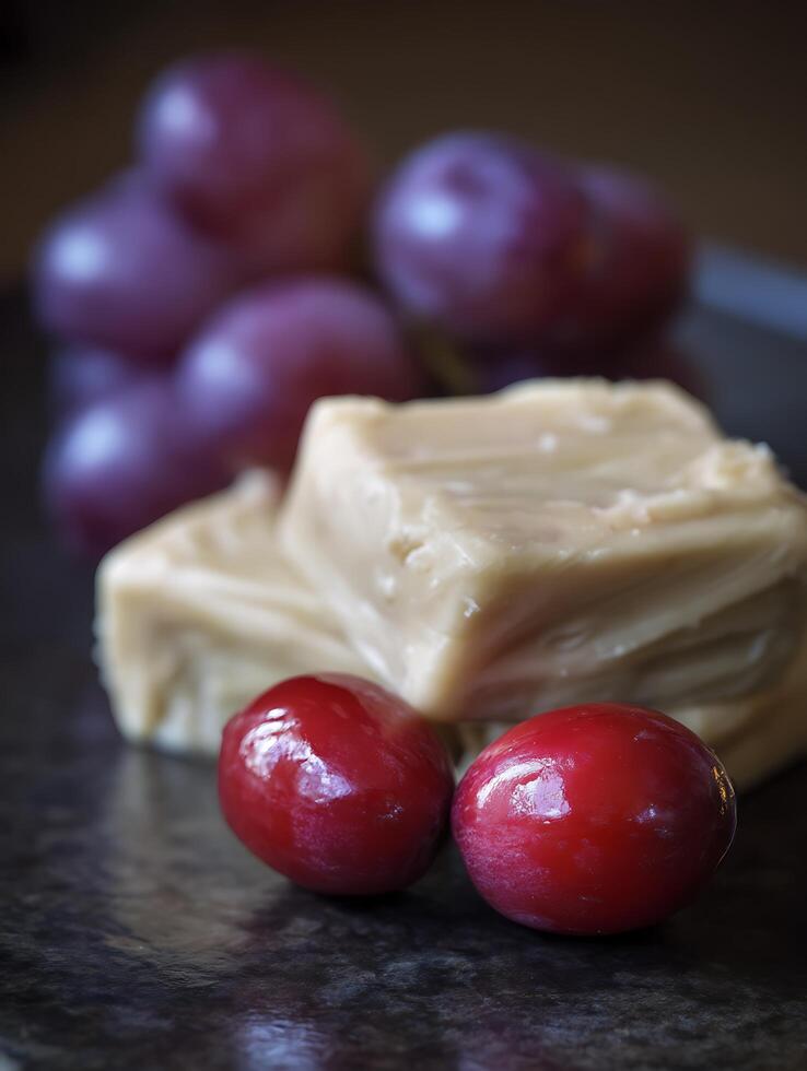 Close Up of Creamy Fudge Squares with Red Cranberries and Grapes. photo