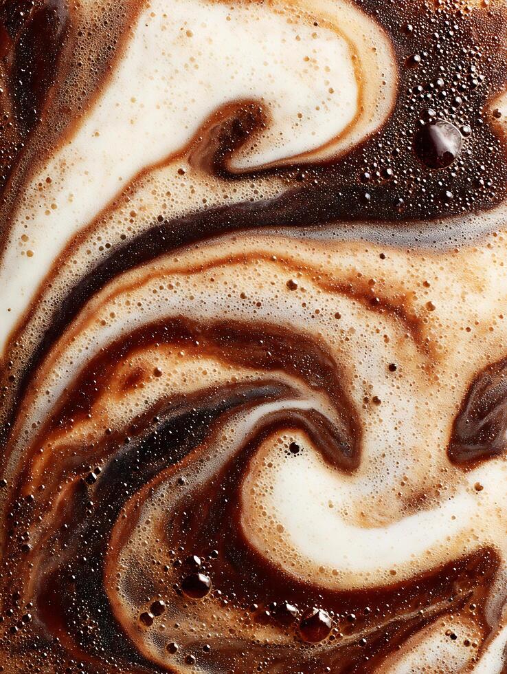 Abstract Swirled Coffee and Cream Texture Close Up of Frothy Beverage. photo