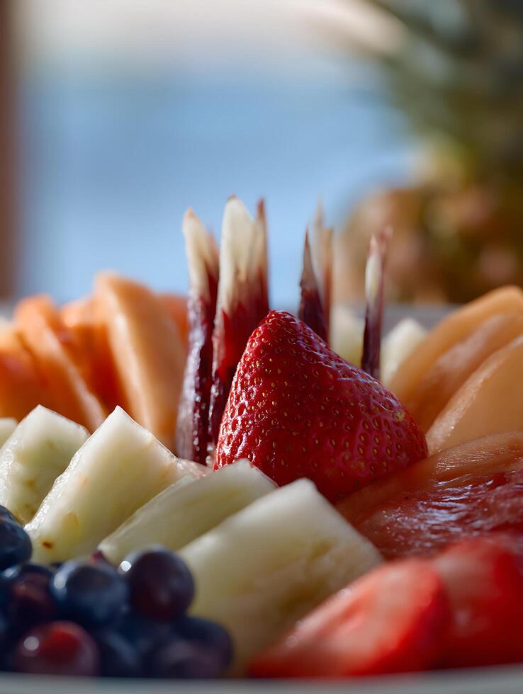 Close Up of Fresh Fruit Platter with Strawberries, Cantaloupe, and Pineapple. photo
