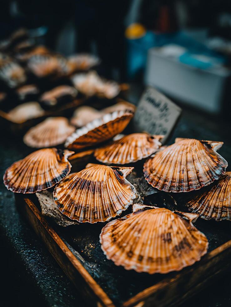Close up of fresh scallops displayed in a wooden crate at a market. photo