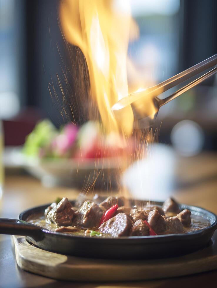 A person is holding a pan with meat on it photo