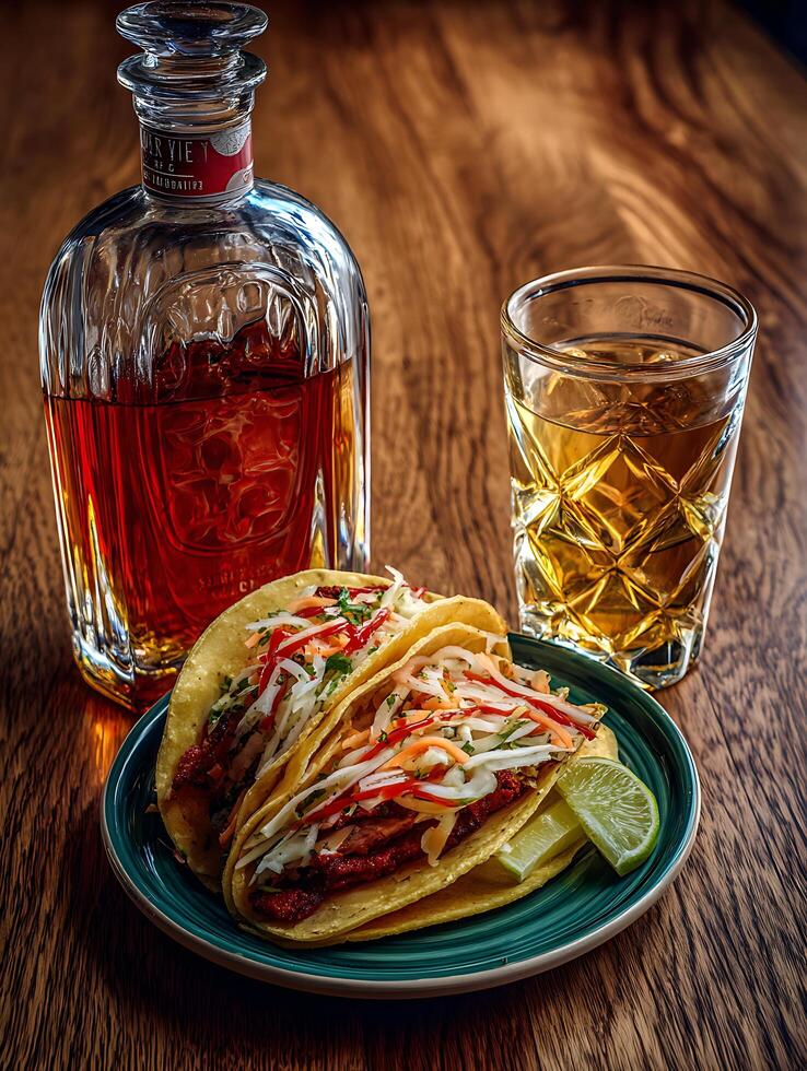 Delicious Tacos with Tequila and Lime on Wooden Table. A close up image perfect for food blogs, restaurants, and culinary publications. photo