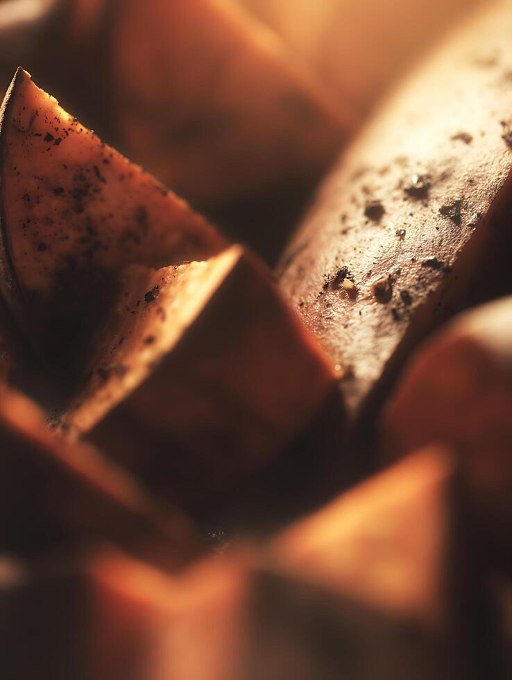 Close Up of Roasted Sweet Potato Pieces with Warm Lighting. A Detailed Macro Photograph of Sweet Potato Slices. photo