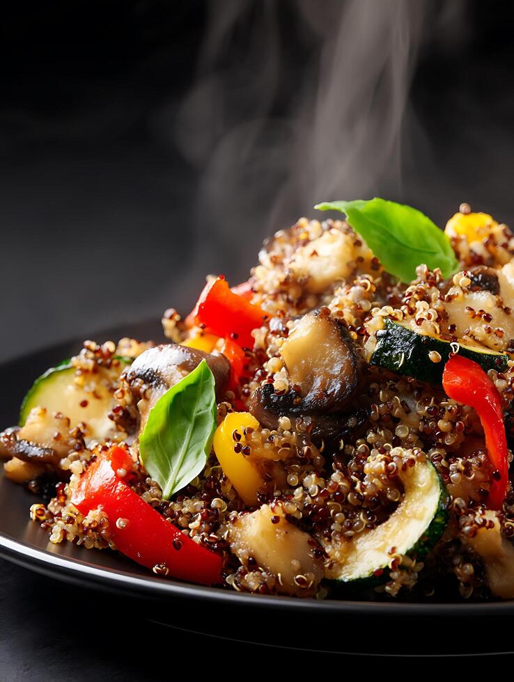 Steaming Hot Quinoa Dish with Roasted Vegetables. A close up image of a delicious and healthy quinoa meal. photo