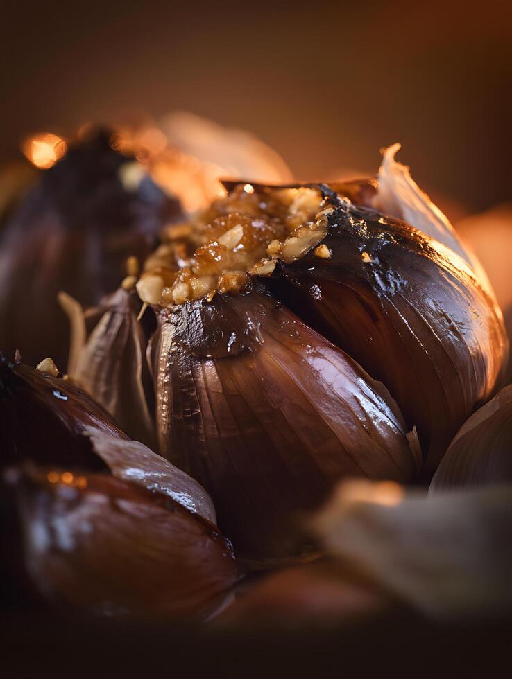 Close Up of Roasted Garlic Bulbs with Warm Lighting. A detailed image showcasing the caramelized texture and rich color of roasted garlic. photo