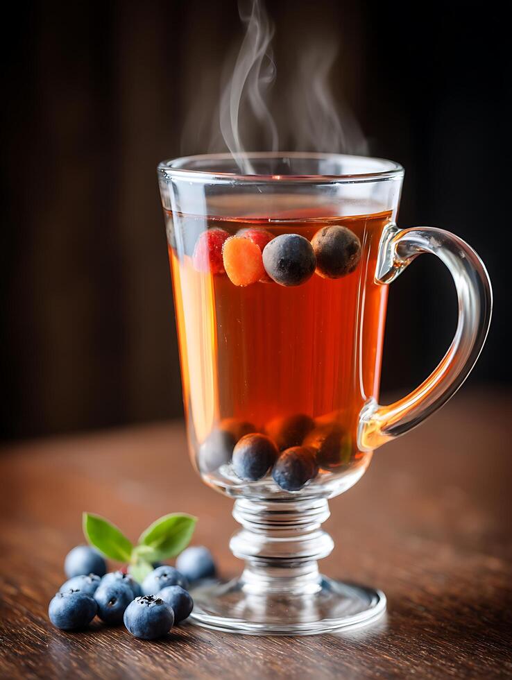 Steaming Cup of Berry Tea with Fresh Blueberries. A close up image of a delicious and warming beverage perfect for a cozy autumn or winter day. photo