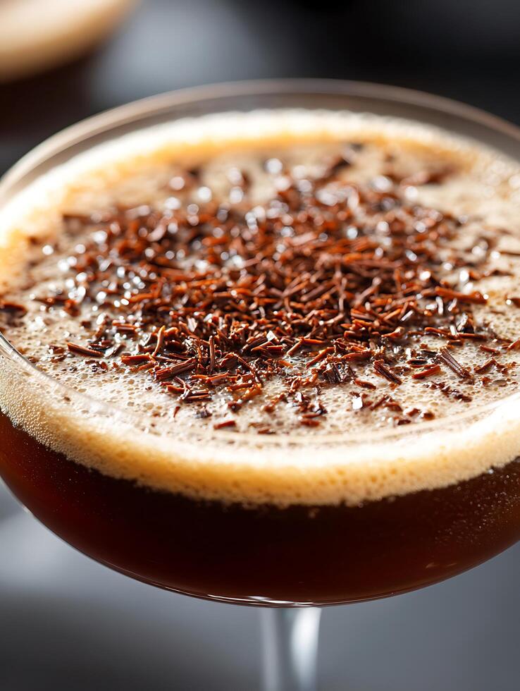 Close Up of Espresso Martini Cocktail Garnished with Chocolate Shavings. photo
