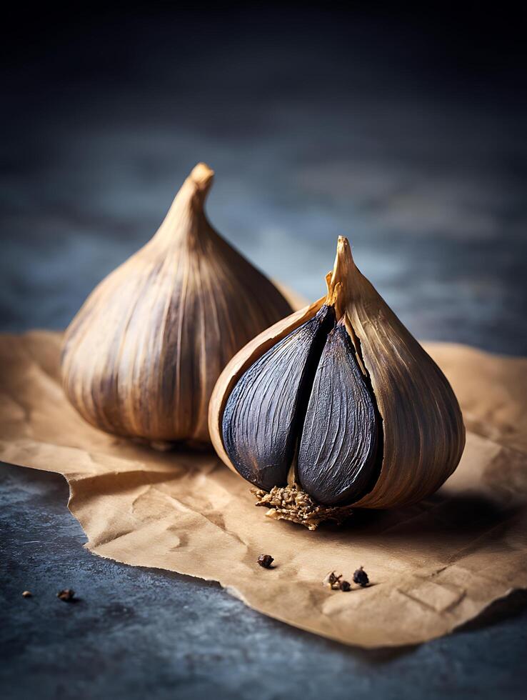 Close Up of Two Bulbs of Black Garlic on Brown Paper. photo