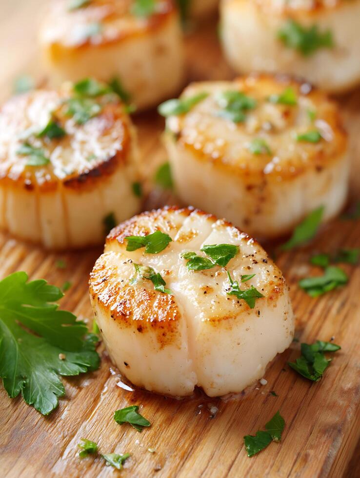 Close Up of Seared Scallops with Parsley on Wooden Board. photo