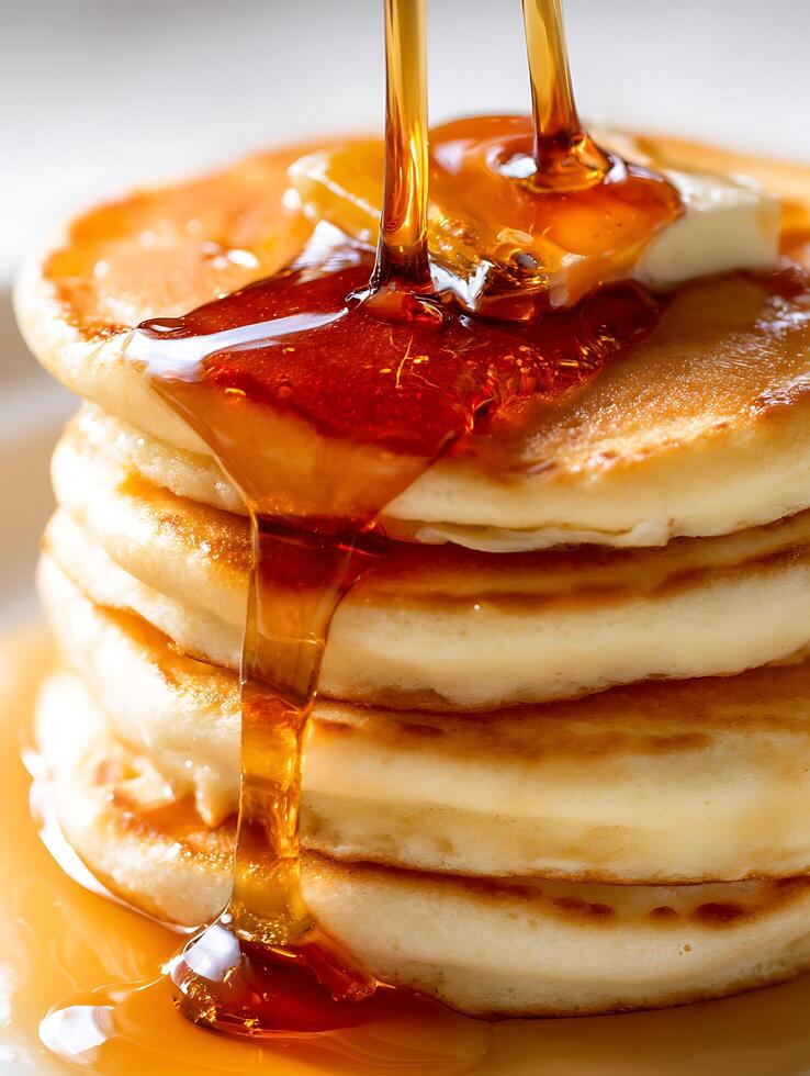 Delicious Pancakes Stack with Syrup Drizzle and Butter. A close up image of a stack of pancakes with butter and maple syrup being poured over. photo