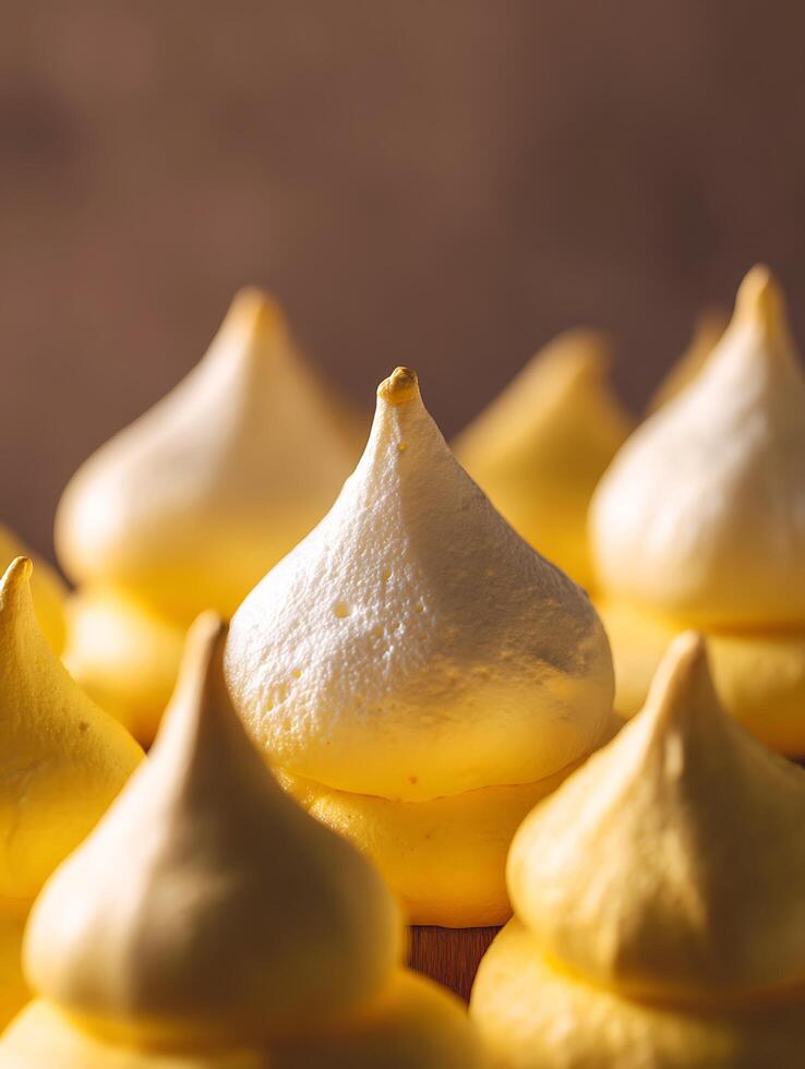 Close up of Delicate Yellow Meringues, Sweet Treat Photography. photo
