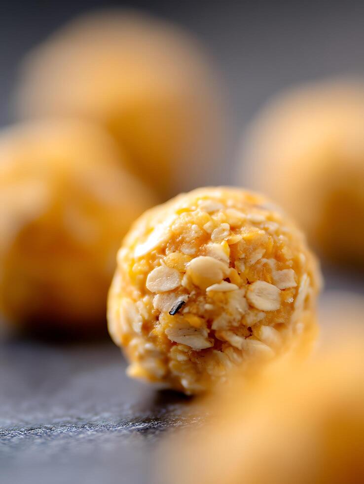 Close up of Delicious Homemade Oatmeal Energy Balls. photo
