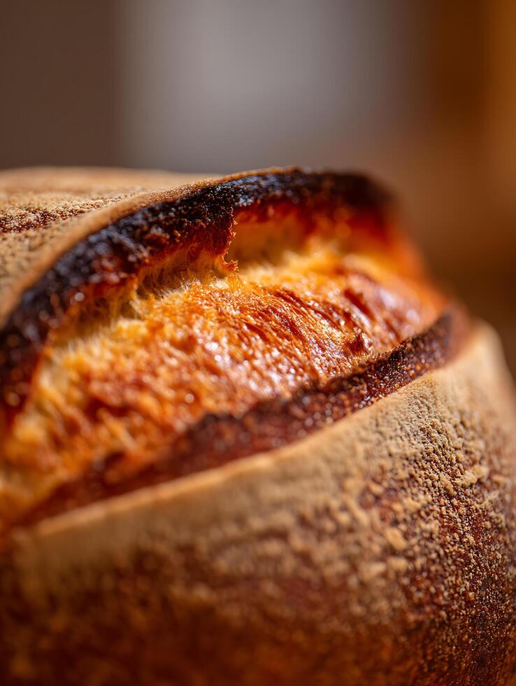 Crusty Artisan Bread A Close Up of Golden Brown Texture. photo