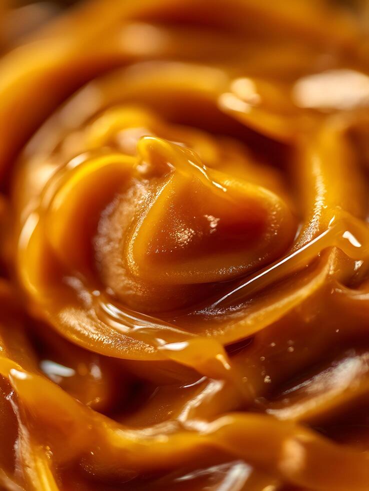Close Up of Creamy Caramel Sauce, Rich Texture and Golden Brown Hue. photo