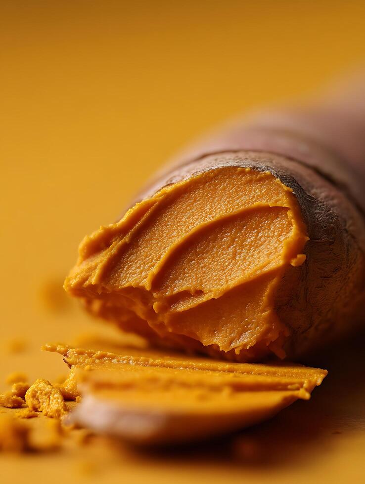 Close up of Turmeric Root Paste, Golden Yellow Spice Paste. photo