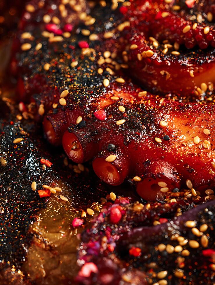 Close Up of Grilled Octopus with Sesame Seeds and Spices. A Detailed Macro Photograph of Delicious Seafood. photo