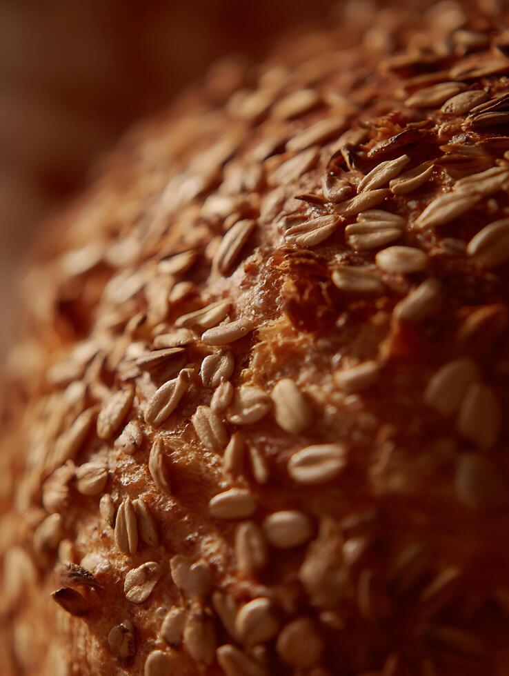 Close Up of Crusty Bread with Oat Seeds. A Detailed Macro Photograph of Baked Goods. photo