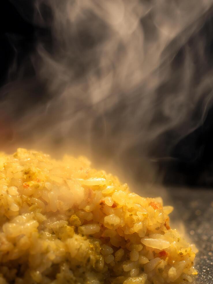 Steaming Hot Cooked Rice with Herbs and Spices, Close Up Food Photography. photo