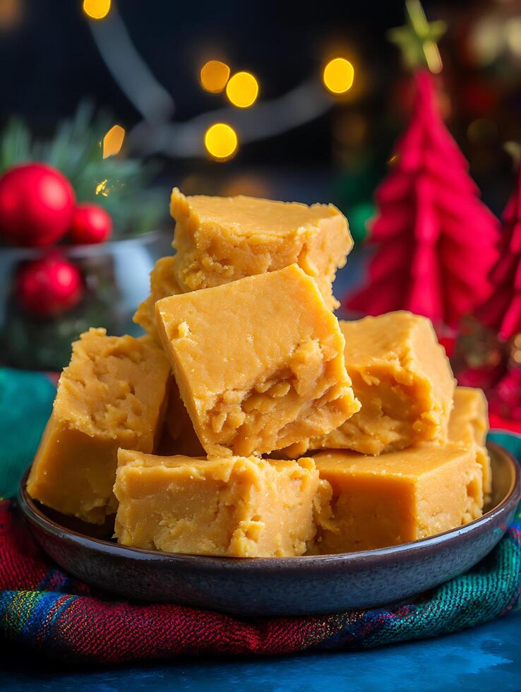Delicious Caramel Fudge Pieces in a Bowl, Festive Christmas Treat. photo