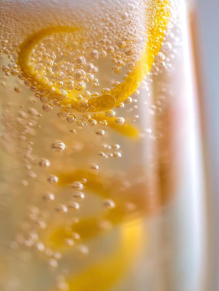 Close Up of Sparkling Water with Lemon Zest. A detailed macro photograph of bubbles and citrus in a refreshing drink. photo