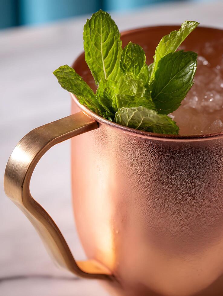 Close up of a Refreshing Drink in a Copper Mug Garnished with Mint. photo