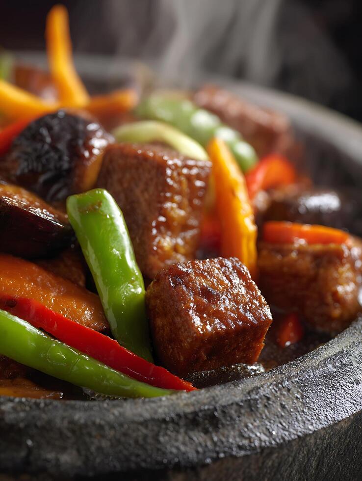 Close Up of Steaming Beef and Vegetable Stir Fry in a Stone Bowl. photo