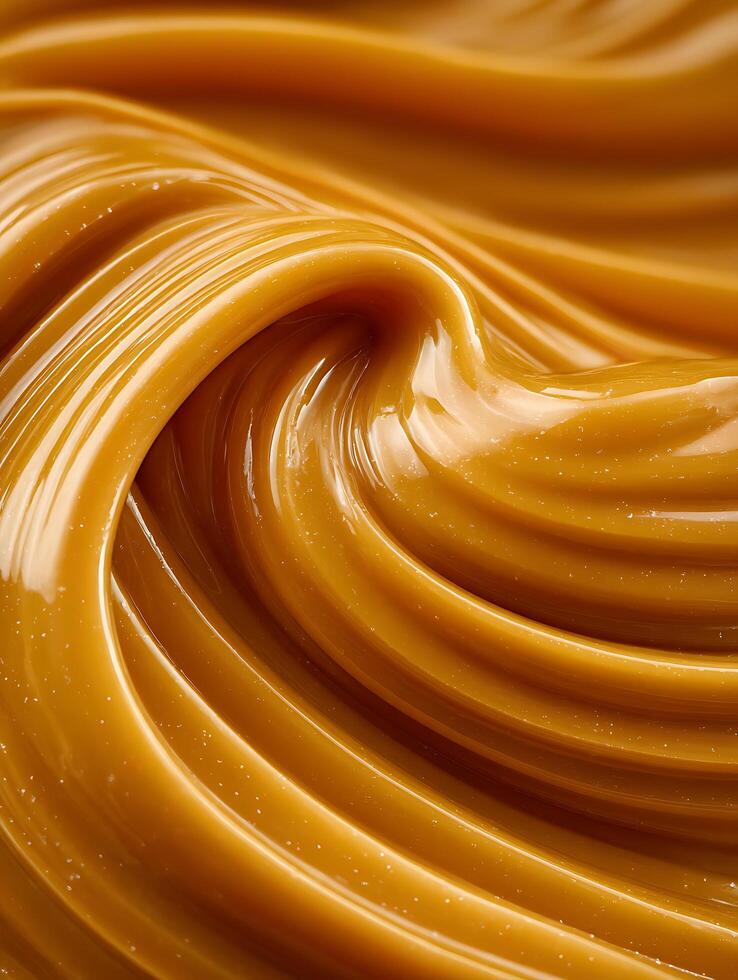 Swirling Caramel Texture Close up of Rich, Golden Caramel Sauce. photo