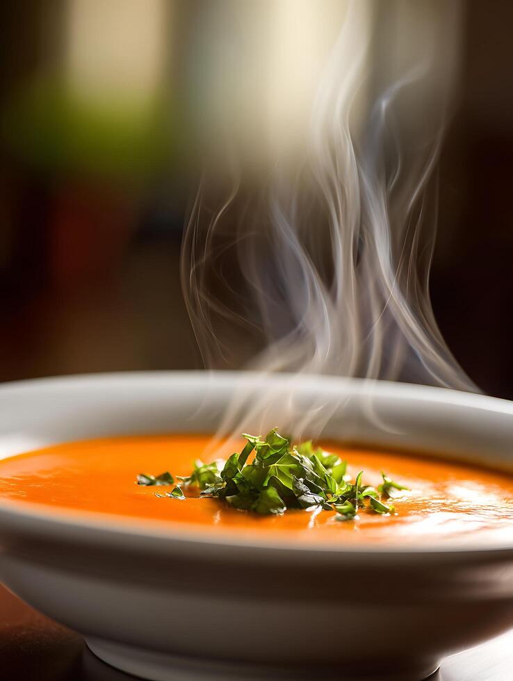 Close up of a steaming bowl of orange soup garnished with fresh basil. photo