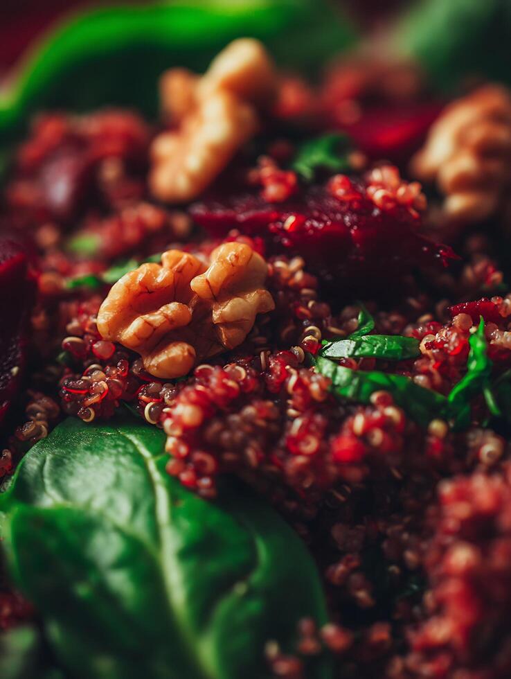 Close Up of Red Quinoa Salad with Walnuts and Beetroot. photo