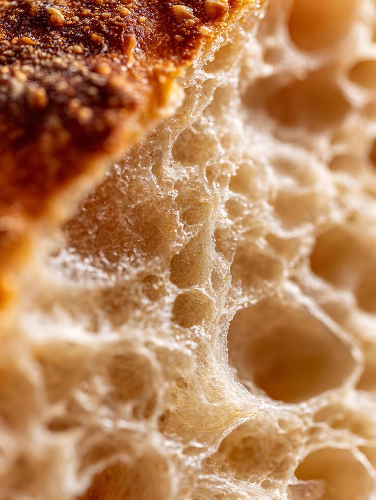 Close Up of Artisan Bread Crumb Texture, Golden Brown Crust Detail. photo
