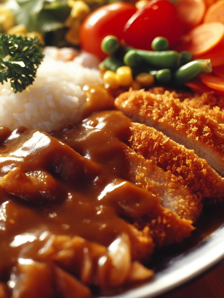 Close up of Japanese Curry Rice with Crispy Fried Pork Cutlets and Vegetables. photo