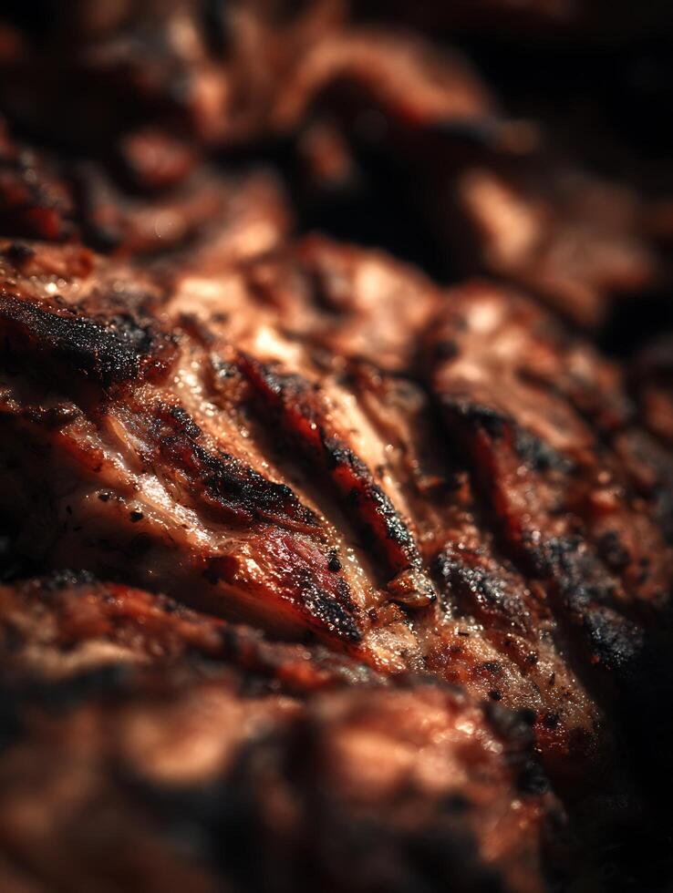 Close up of Grilled Meat, Juicy and Delicious BBQ Texture. photo